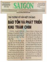 Thủ tướng Võ Văn Kiệt chỉ đạo: bảo tồn và phát triển khu tràm chim