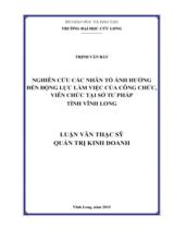 Nghiên cứu các nhân tố ảnh hưởng đến động lực làm việc của công chức, viên chức tại Sở tư pháp tỉnh Vĩnh Long : Luận văn thạc sỹ quản trị kinh doanh / Trịnh Văn Bảy