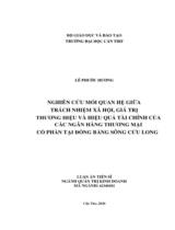 Nghiên cứu mối quan hệ giữa trách nhiệm xã hội, giá trị thương hiệu và hiệu quả tài chính của các ngân hàng thương mại cổ phần tại đồng bằng sông Cửu Long : Luận án tiến sỹ ngành quản trị kinh doanh / Lê Phước Hương